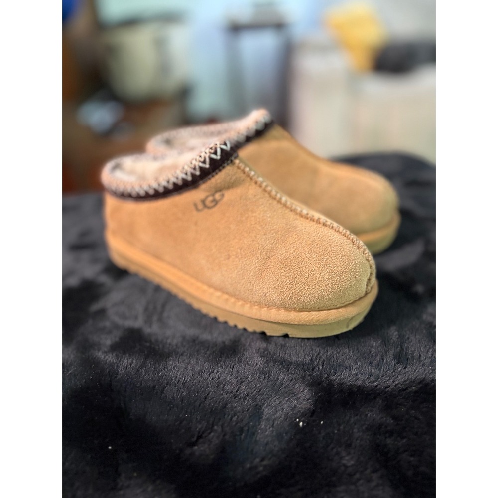 UGG Tasman Suede Slippers Chestnut Tan Shearling Lined Slip On Shoes Size 34